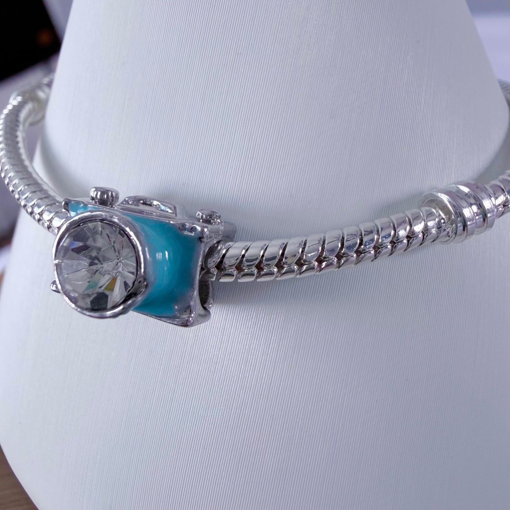 Silver Camera Bead Charm Blue Enamel Crystal Fits Snake Chain Bracelet - Picture 4 of 9